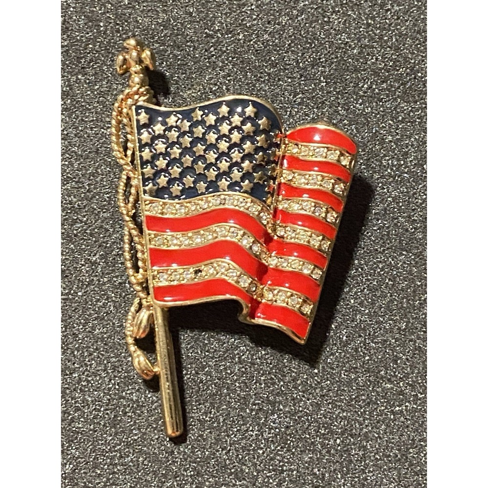 Red White & Blue 2001/9/11 Monet American Usa Flag Brooch Rhinestones Gold Tone